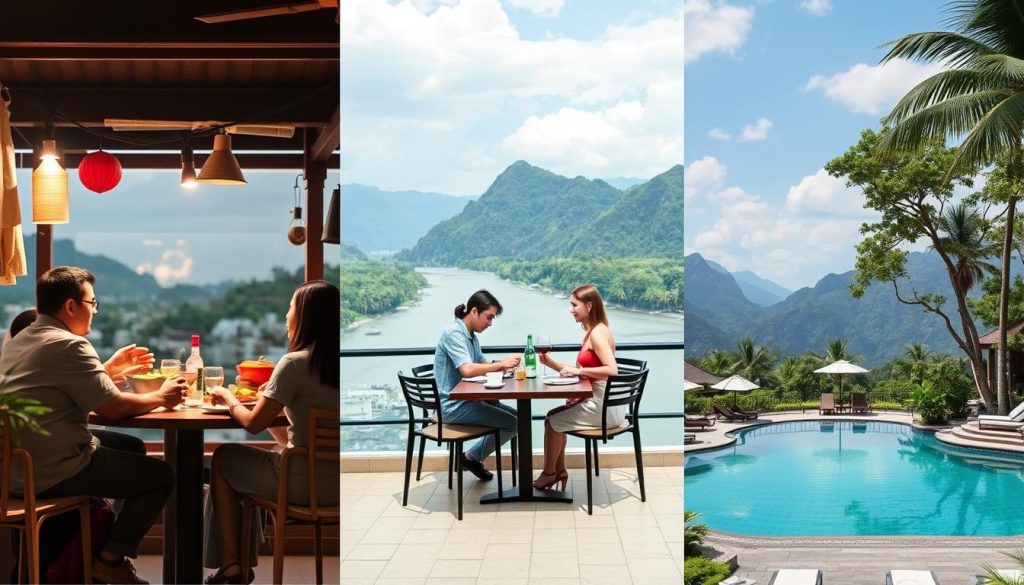 A collage showing different tiers of dating experiences in Chiang Mai from street food to luxury resorts, illustrating the range of dating budgets