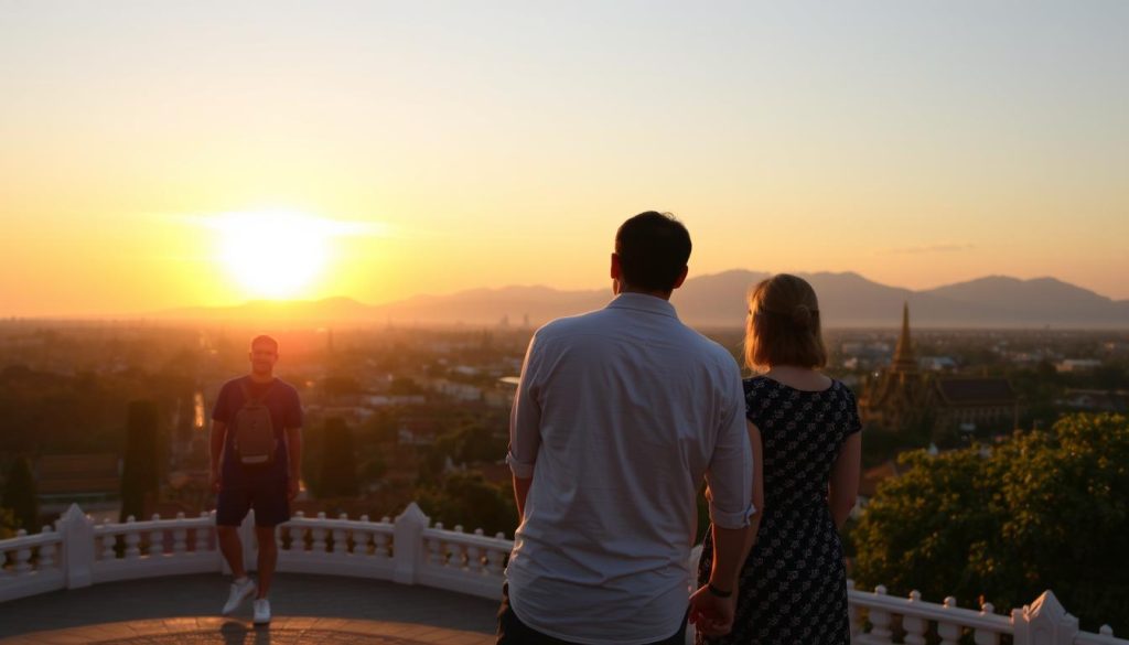 A couple enjoying a sunset view from Doi Suthep temple overlooking Chiang Mai, representing romantic excursion options