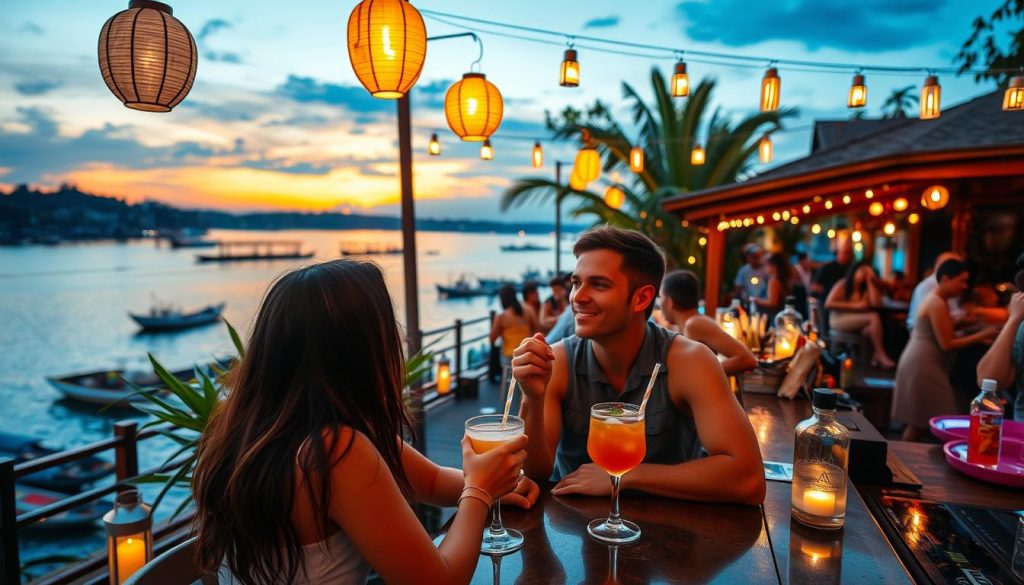 A couple enjoying drinks at a riverside bar in Chiang Mai at sunset, illustrating nightlife costs of dating in Chiang Mai