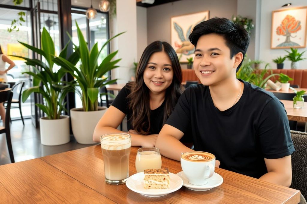 A couple enjoying specialty coffee at a trendy cafe in Nimman area of Chiang Mai, representing the cost of dating in Chiang Mai's cafe scene