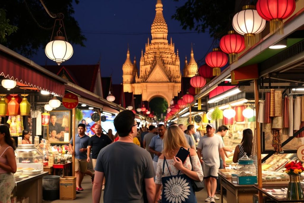 A couple enjoying the Sunday Night Walking Street market in Chiang Mai, showing affordable dating options