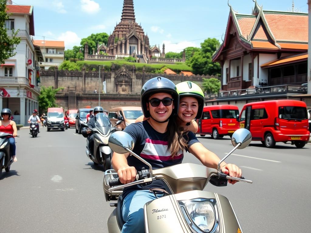 A couple riding a scooter together exploring Chiang Mai's Old City, showing transportation options for dating