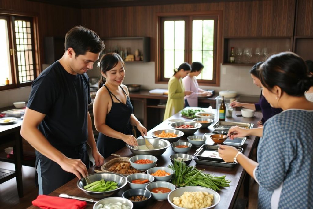 A couple taking a Thai cooking class together in Chiang Mai, learning to make traditional dishes as a dating activity