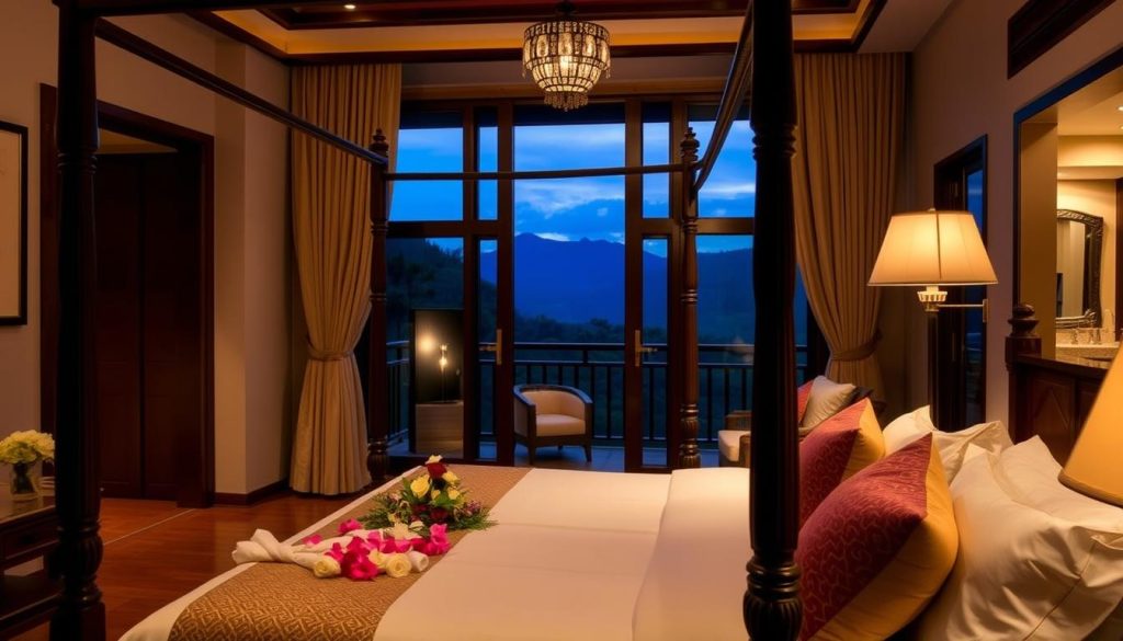 A romantic boutique hotel room in Chiang Mai with traditional Lanna design elements, showing accommodation options for dating in Chiang Mai