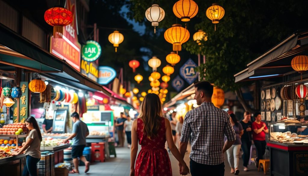A romantic evening scene at Chiang Mai's Night Bazaar with a couple enjoying the vibrant atmosphere, representing the affordable dating scene