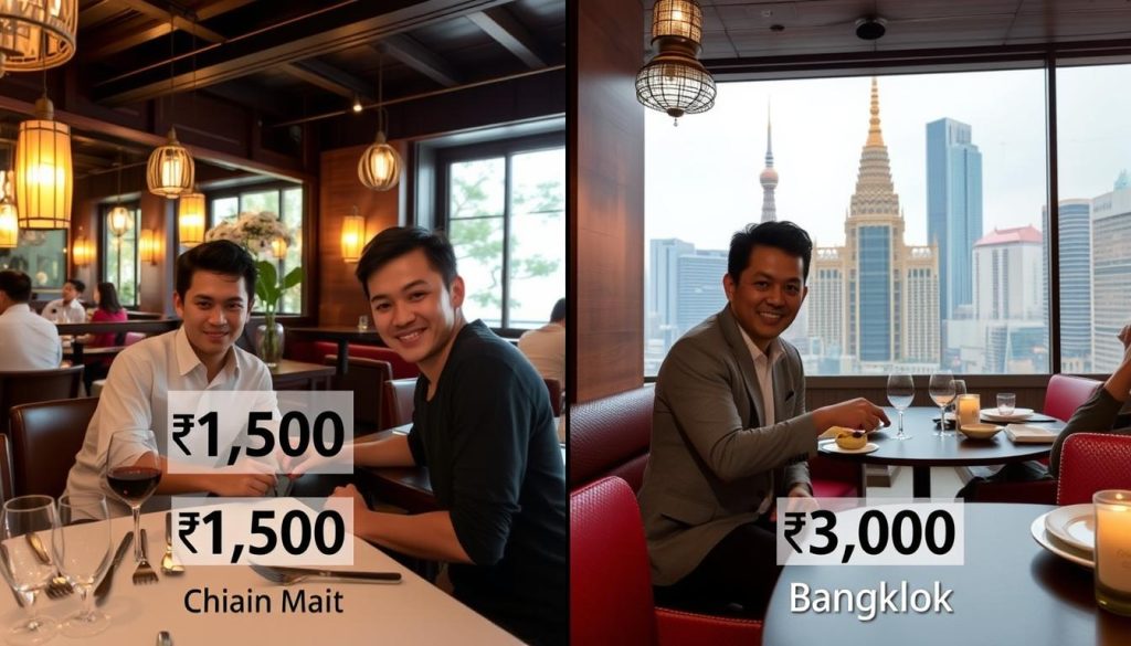 A split-screen comparison showing similar dating experiences in Chiang Mai vs Bangkok with price tags, illustrating the cost difference