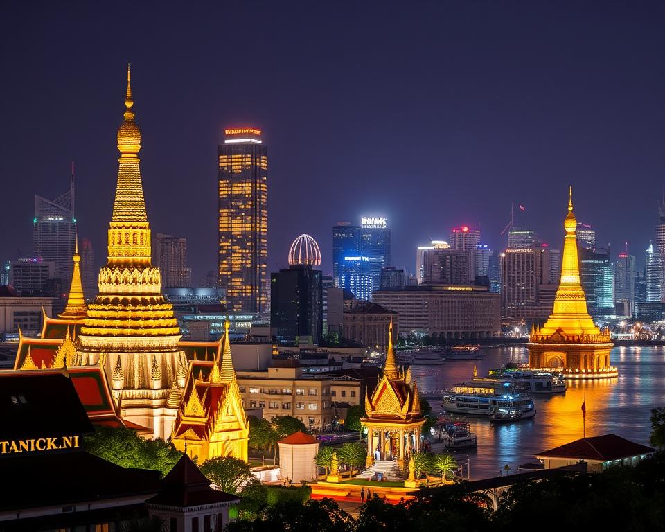 Bangkok skyline at night with temples and modern buildings in Bangkok dating guide