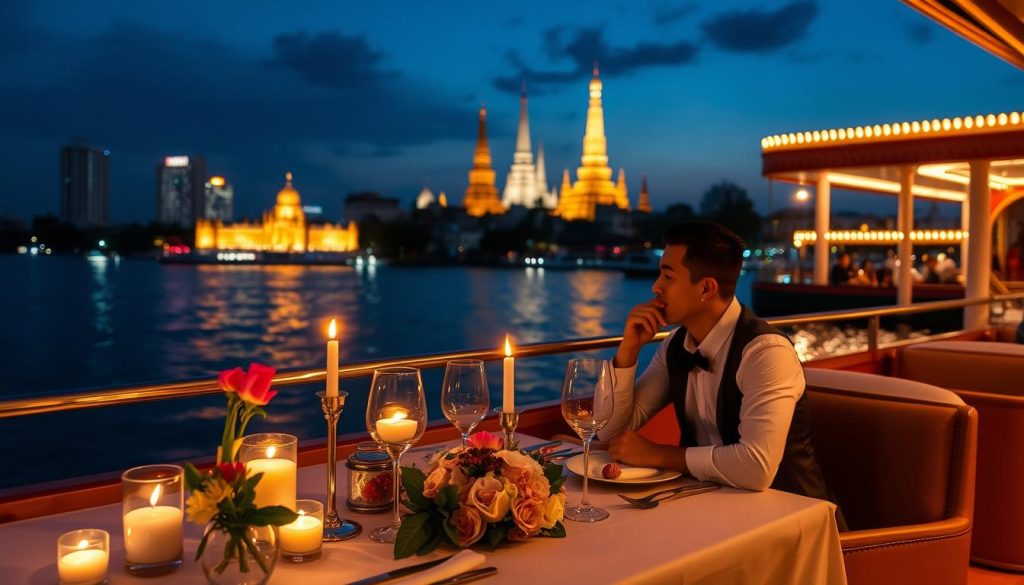 Couple enjoying dinner cruise on Chao Phraya river in Bangkok dating guide