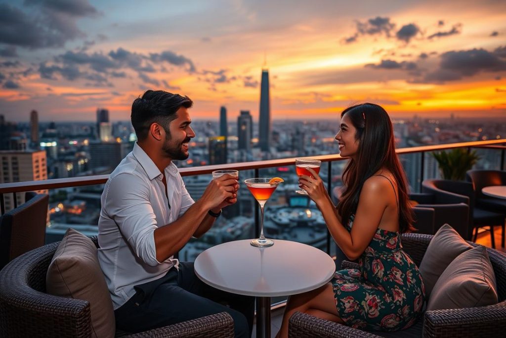 Couple enjoying drinks at a luxurious rooftop bar in Bangkok with city views