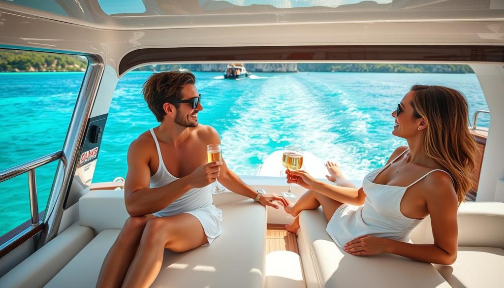 Couple enjoying private yacht charter in Phuket with champagne