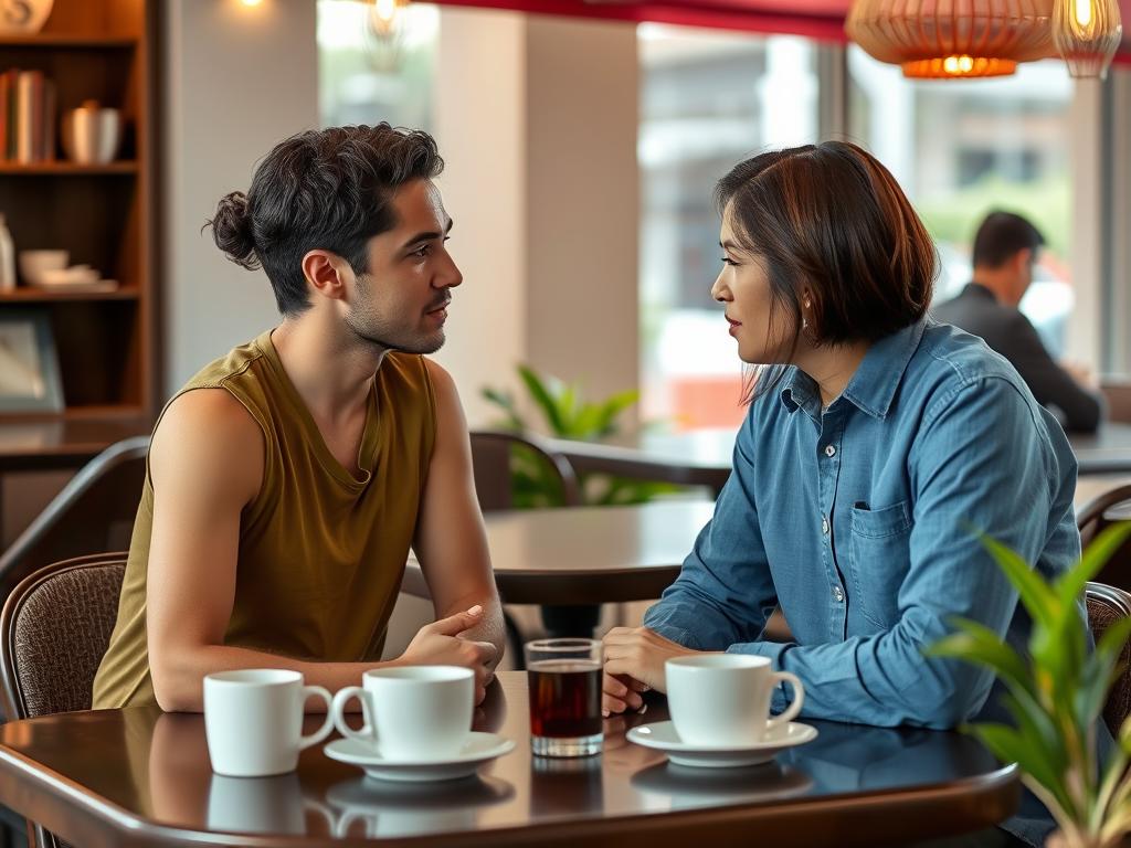 Couple having a meaningful conversation at a cafe in Thailand