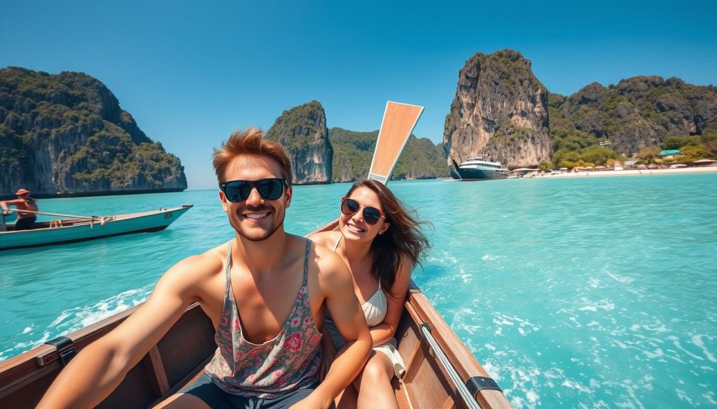 Couple on longtail boat exploring Phi Phi Islands near Phuket