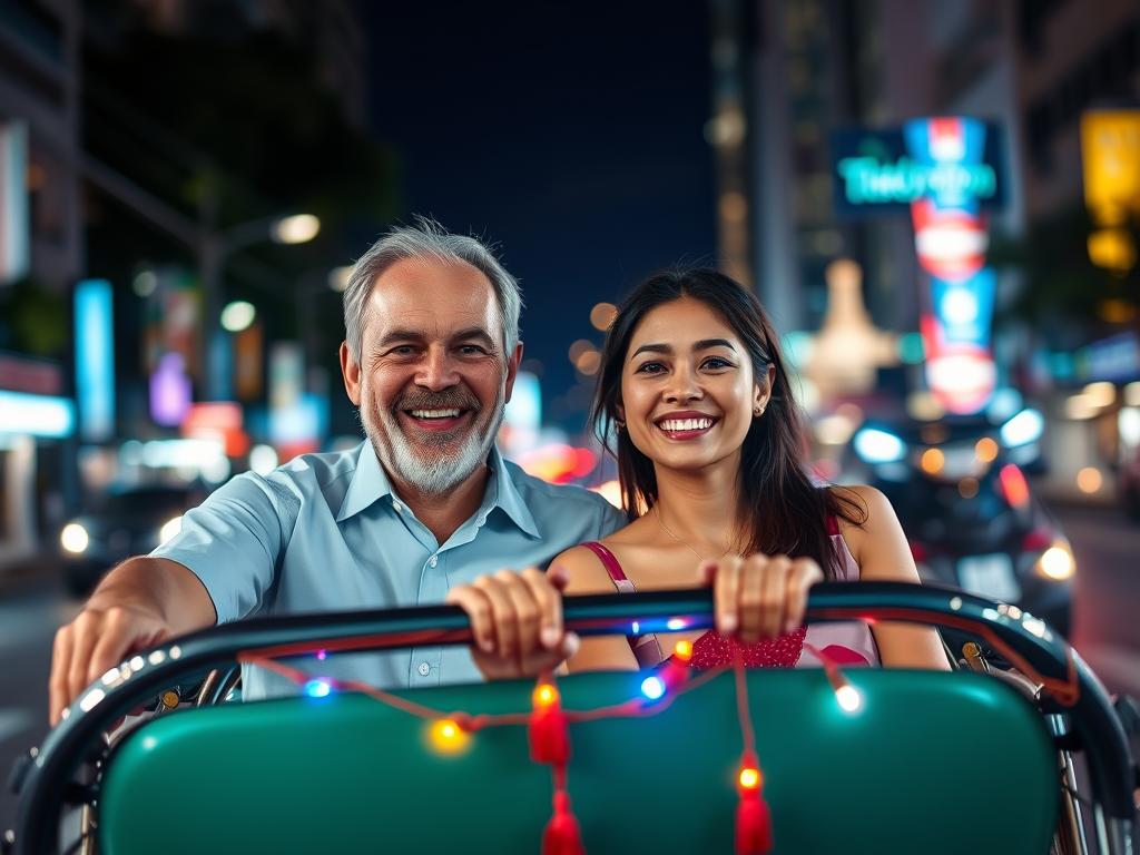 Couple riding in a tuk-tuk through Bangkok streets as mentioned in Bangkok dating guide