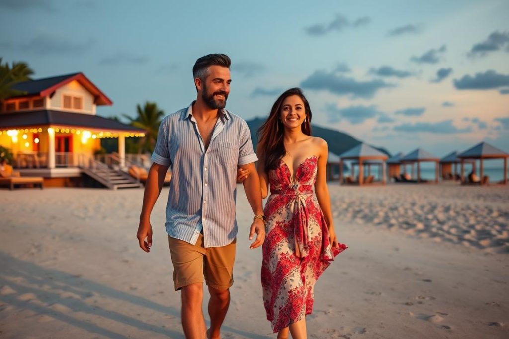 Couple transitioning from beach day to evening dinner in Phuket