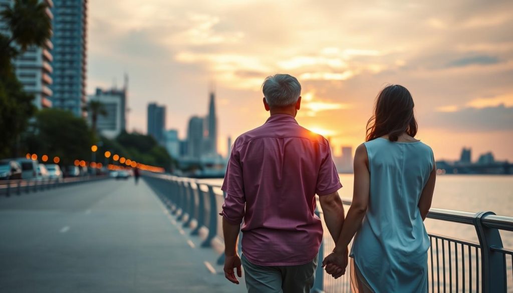 Couple walking hand in hand along Bangkok riverside promenade in Bangkok dating guide