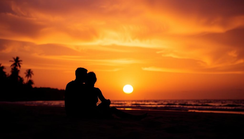 Couple watching sunset on Phuket beach with silhouettes against orange sky