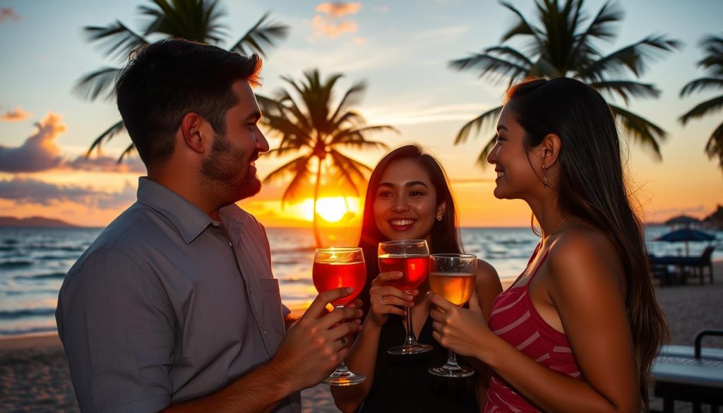 Couple watching sunset on a Thai beach with cocktails