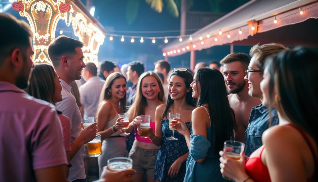 Diverse group of people enjoying nightlife at a beach club in Phuket