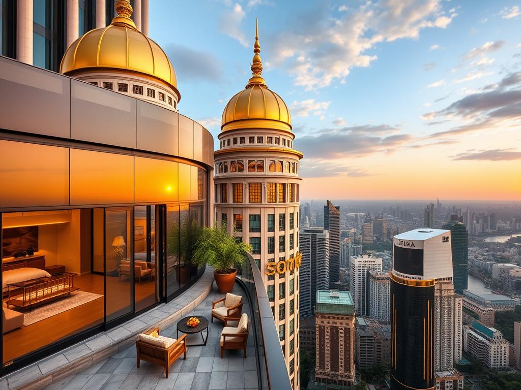Exterior and penthouse view of Lebua at State Tower showing its luxury facilities and famous Sky Bar