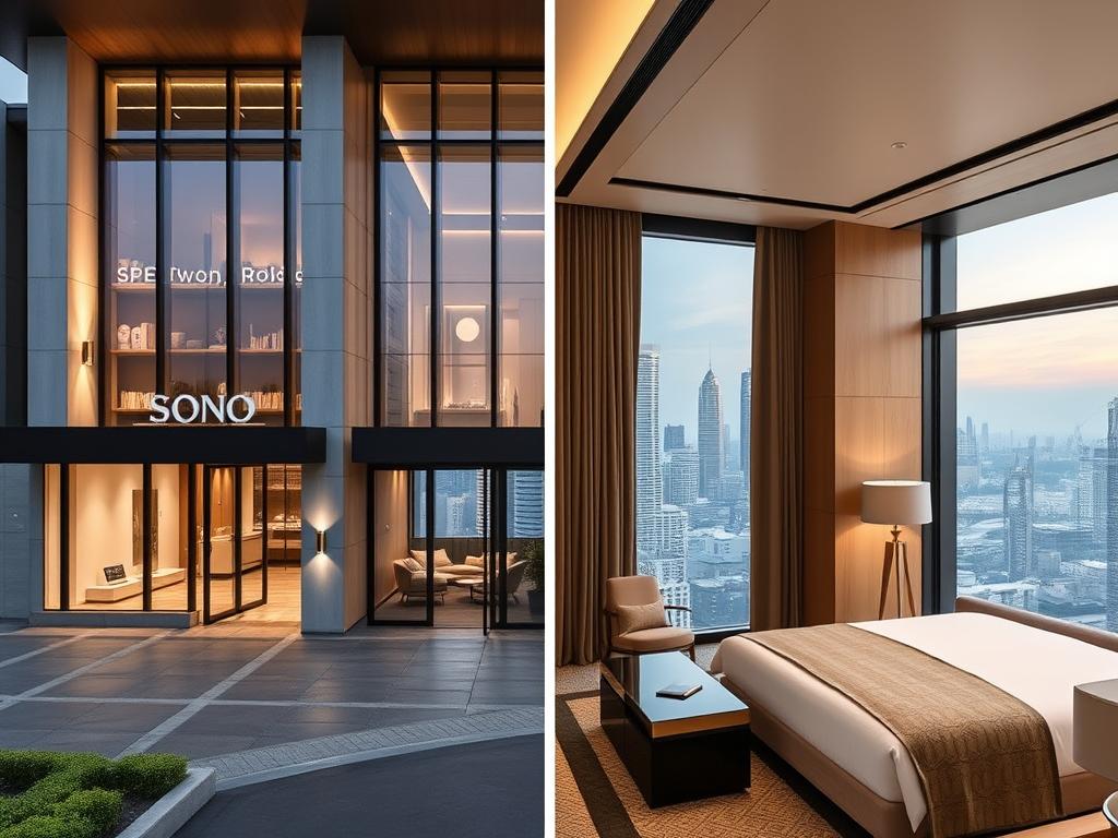 Exterior and suite view of SO/ Bangkok showing its luxury design and proximity to upscale nightlife venues
