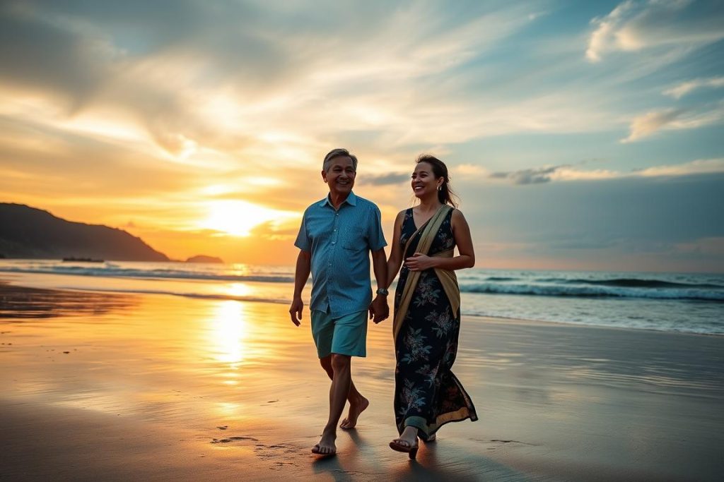 Happy older foreign man and Thai woman enjoying a beach sunset together