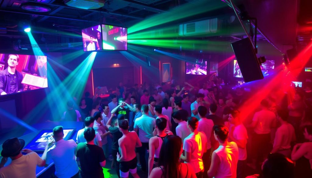 Interior of a popular Phuket nightclub showing the dance floor, lighting, and mixed crowd