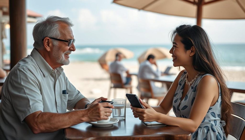 Older Western man and Thai woman enjoying coffee at a Pattaya beachfront cafe after meeting through one of the best dating apps Pattaya offers best dating apps in pattaya for meeting younger women