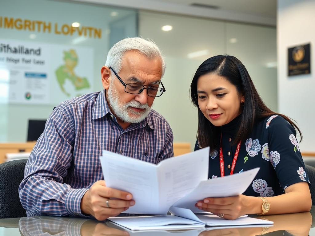 Older foreign man and Thai woman at immigration office reviewing documents