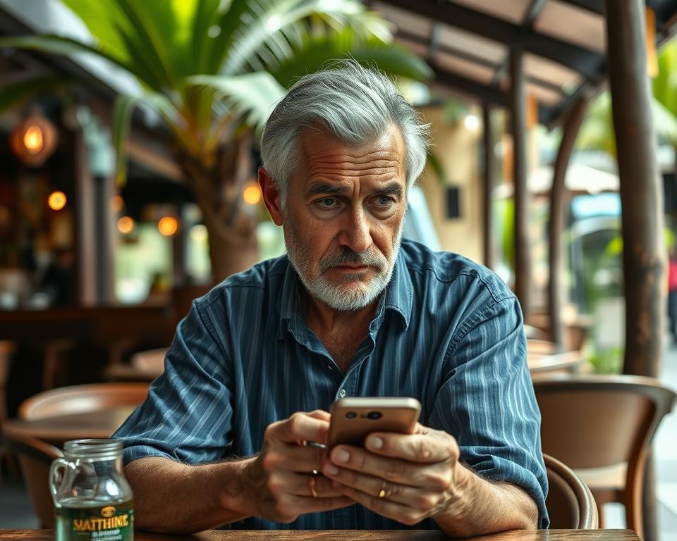 Older foreign man looking concerned while checking his phone in Thailand