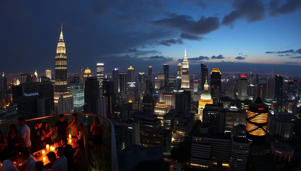 Panoramic view of Bangkok skyline at night with rooftop bars visible
