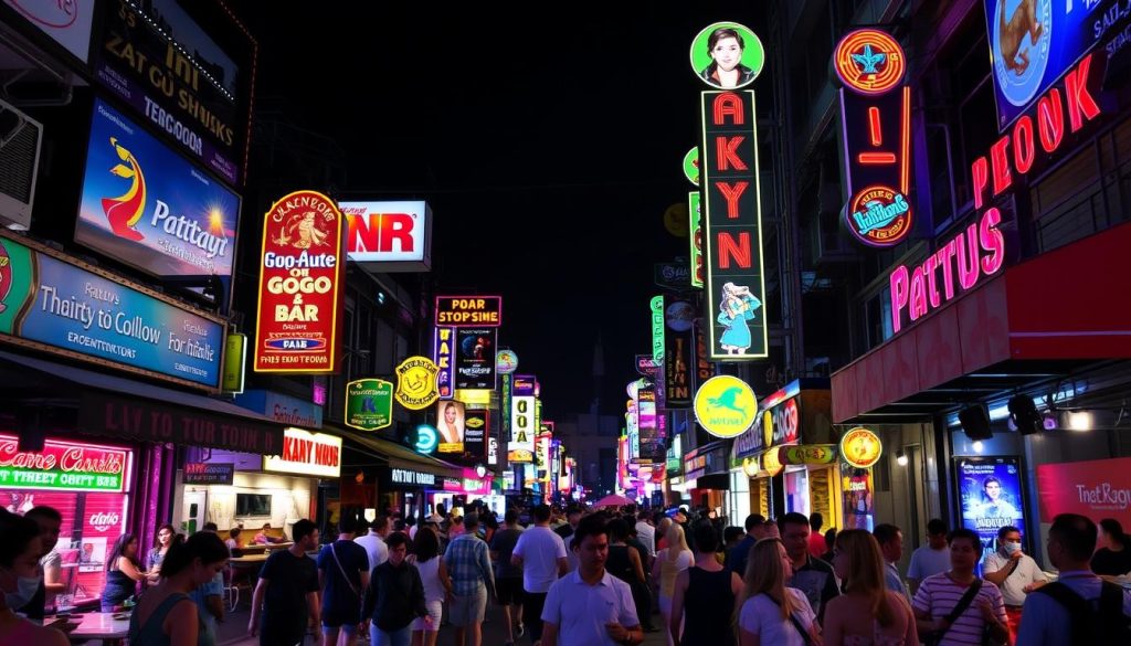 Pattaya Walking Street at night with neon lights and crowds
