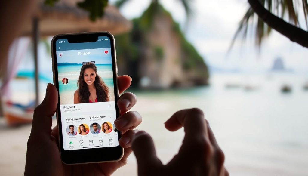 Person using dating app on smartphone with Phuket beach in background