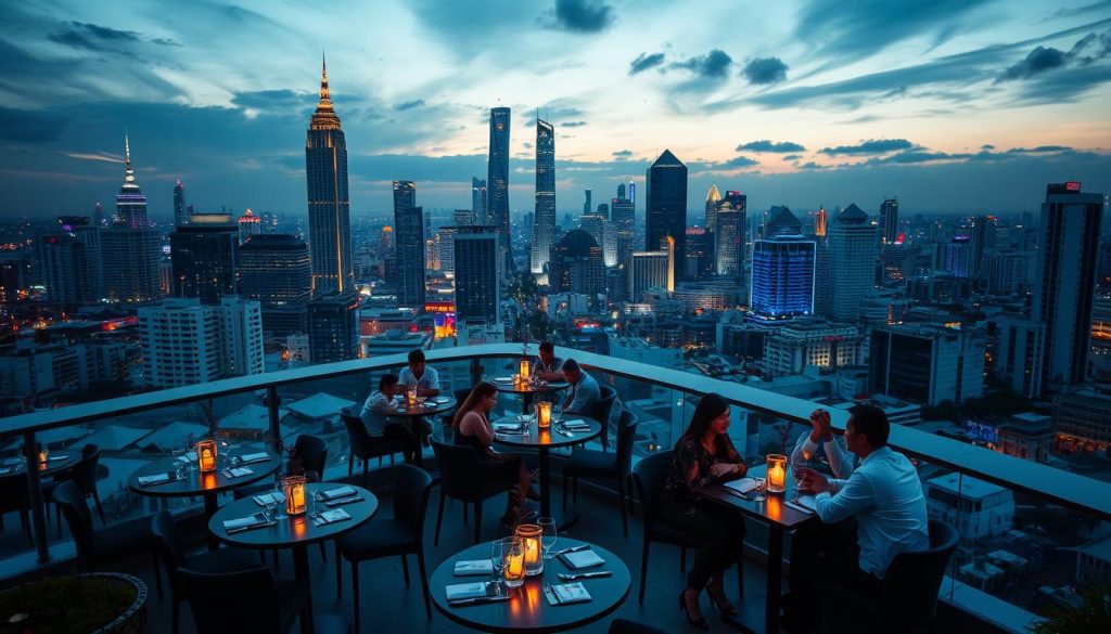 Rooftop bar in Bangkok with skyline view and couples dining