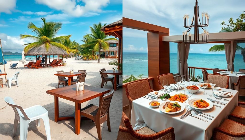 Split image showing budget beach restaurant vs luxury resort dining in Phuket