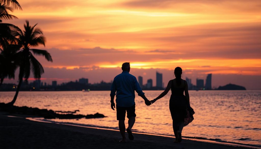 Sunset view of Pattaya Bay with couple silhouette, representing successful connections made through the best dating apps Pattaya offers Sunset view of Pattaya Bay with couple silhouette, representing successful connections made through the best dating apps Pattaya offers