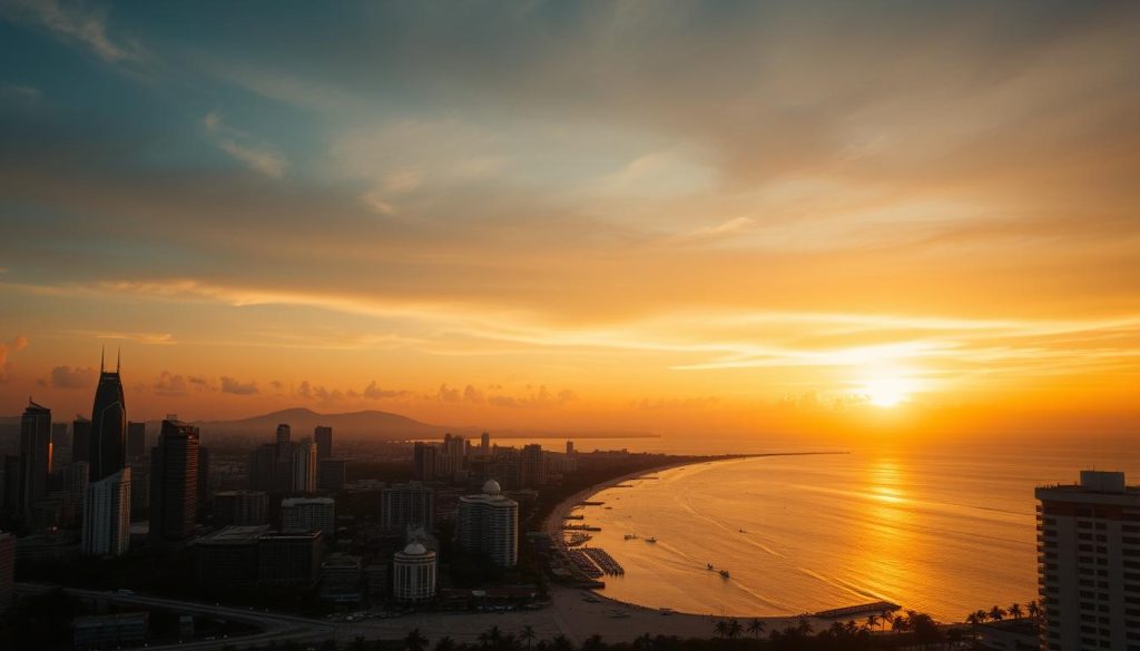 Sunset view of Pattaya Bay with nightlife venues preparing for evening