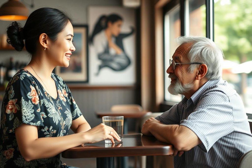 Thai woman and older foreign man in conversation showing non-verbal communication