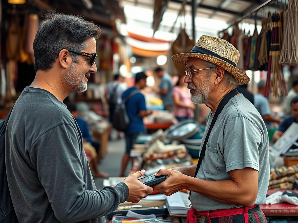 Tourist negotiating with local vendor in Phuket market