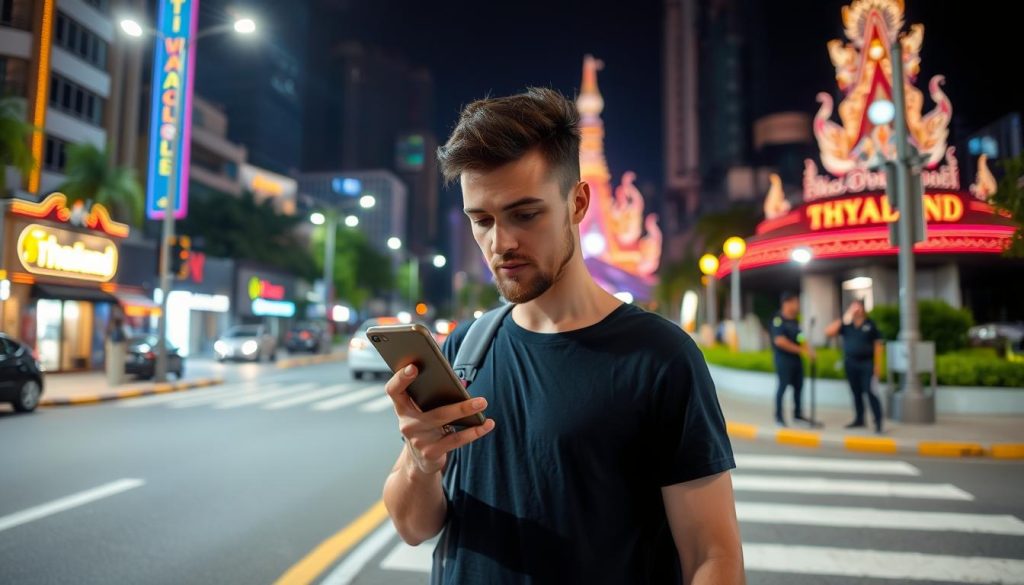 Tourist using a ride-hailing app safely at night in Thailand