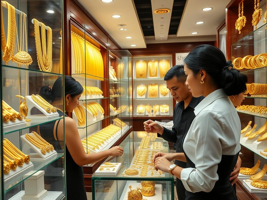 Traditional Thai gold jewelry shop in Phuket with display cases