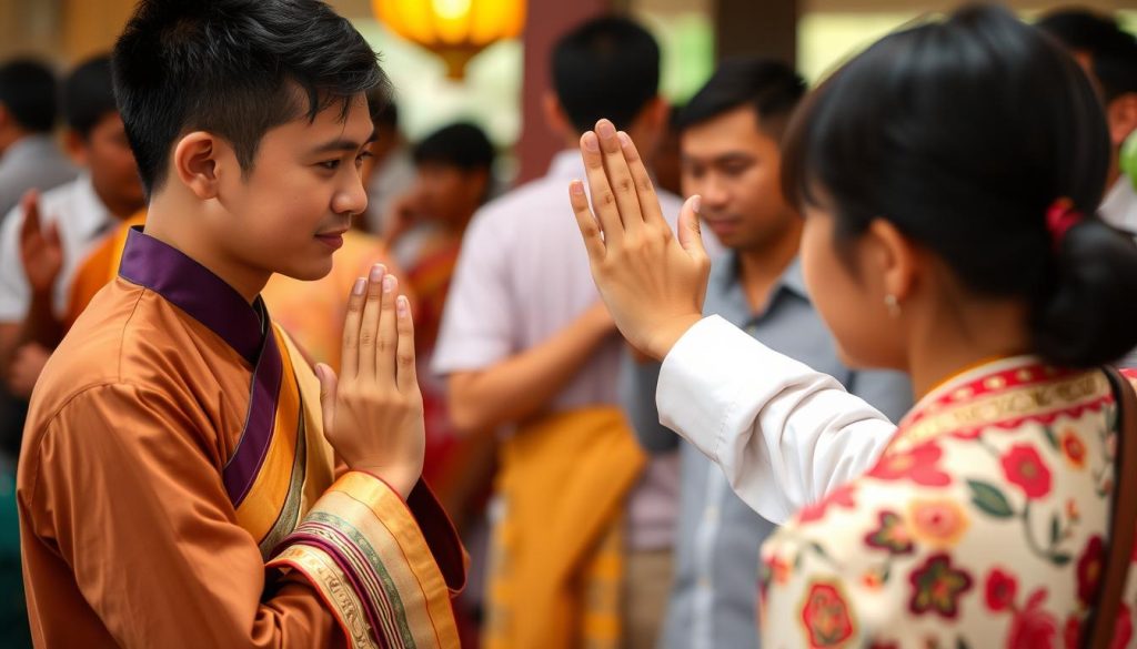 Traditional Thai greeting (wai) being exchanged between people in a social setting