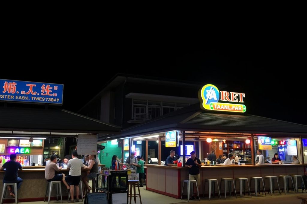 Typical beer bar complex in Patong with outdoor seating and colorful lighting