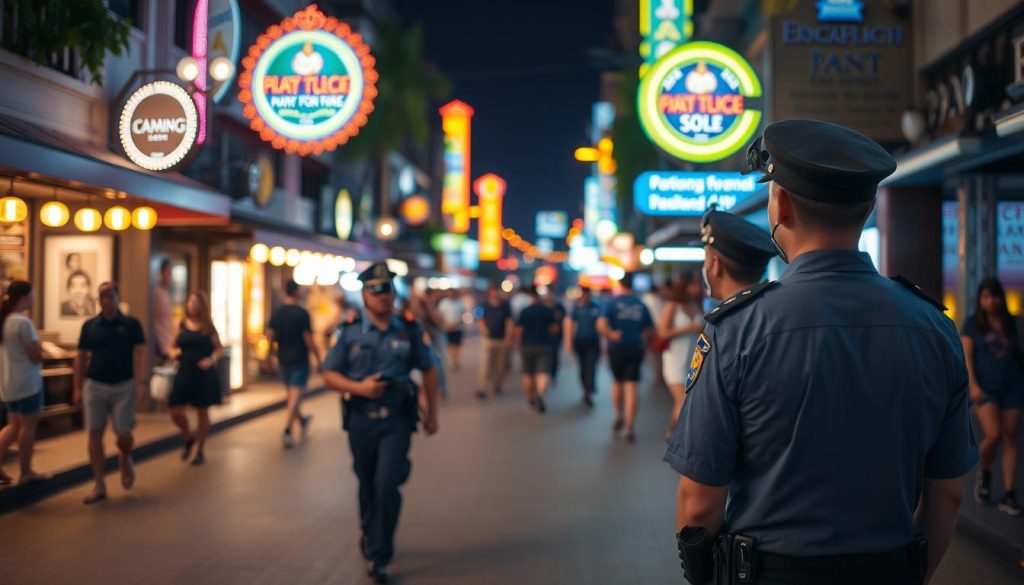 Well-lit street in Patong with tourist police visible on patrol