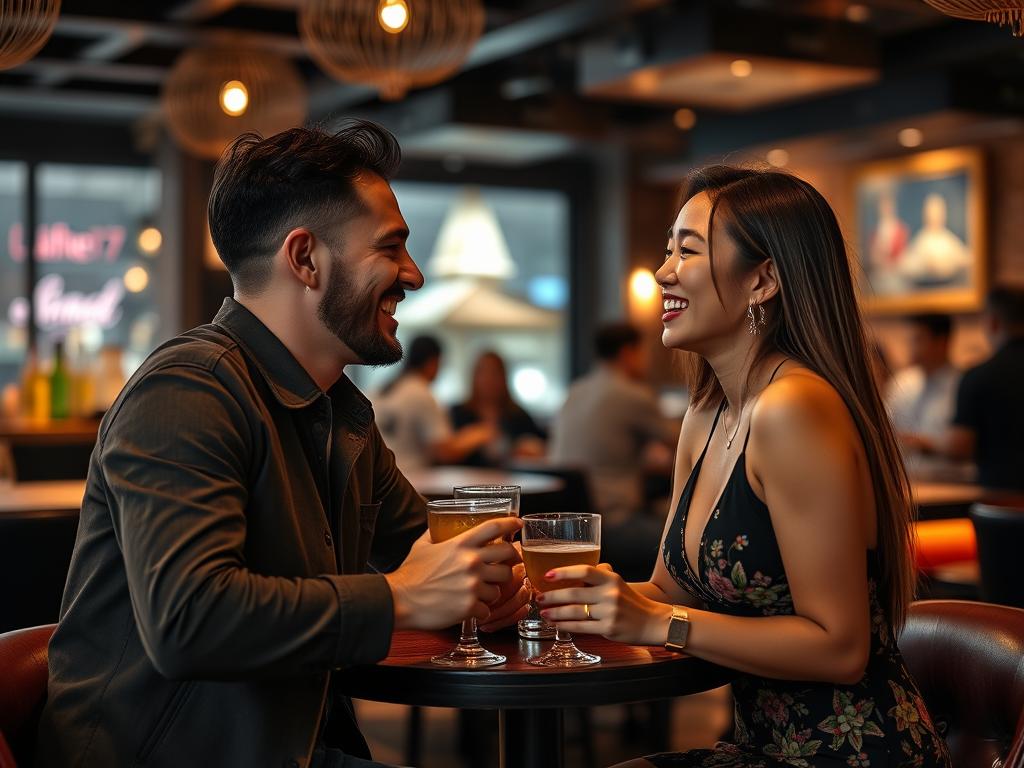 Western man and Thai woman enjoying conversation at a stylish bar