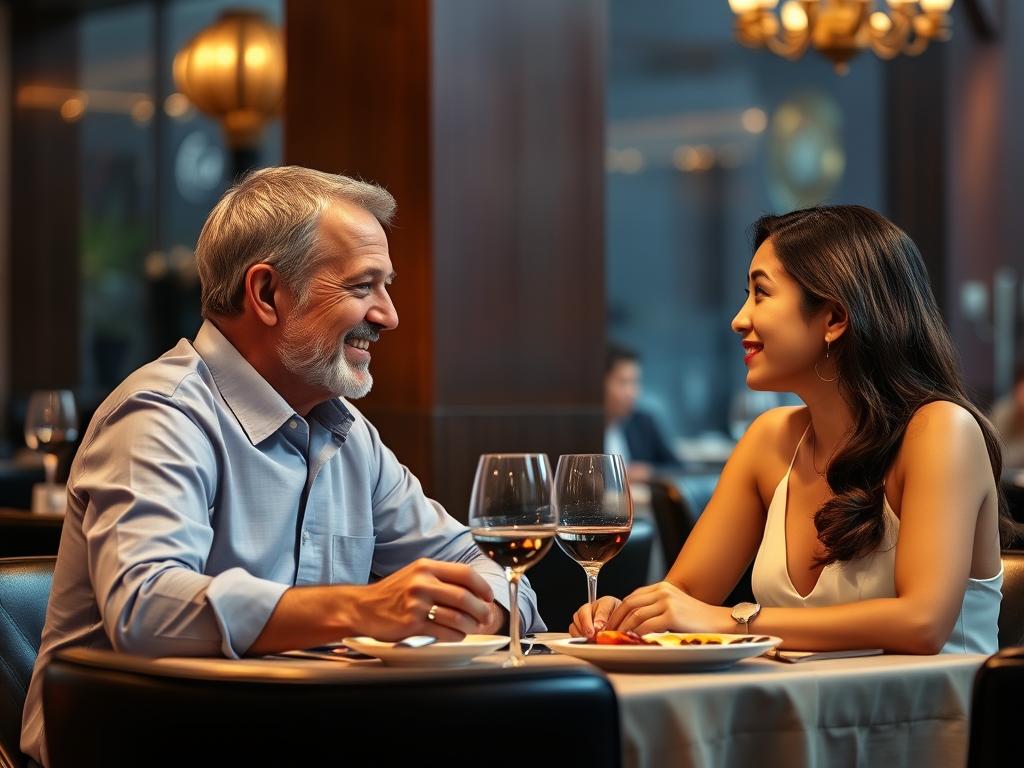 Western man and Thai woman on date in Bangkok restaurant