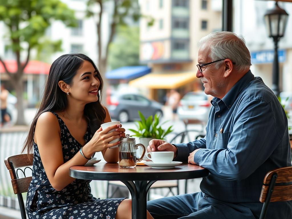 A Filipino woman and older Western man enjoying a coffee date in Angeles City