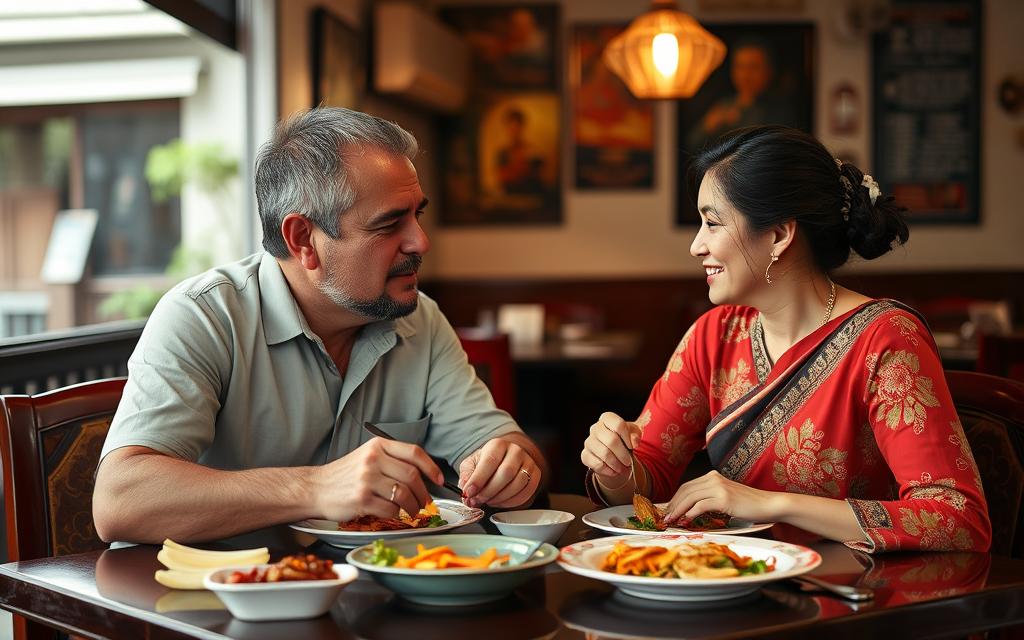 A Western man and Vietnamese woman enjoying a traditional meal together in Da Nang, showing cultural exchange in da nang dating culture A Western man and Vietnamese woman enjoying a traditional meal together in Da Nang, showing cultural exchange in da nang dating culture