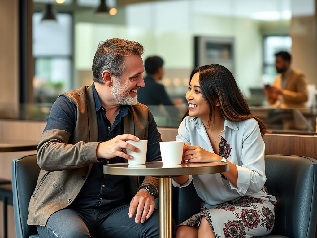 A couple enjoying conversation at a café in Bangkok meeting younger women in bangkok for older men
