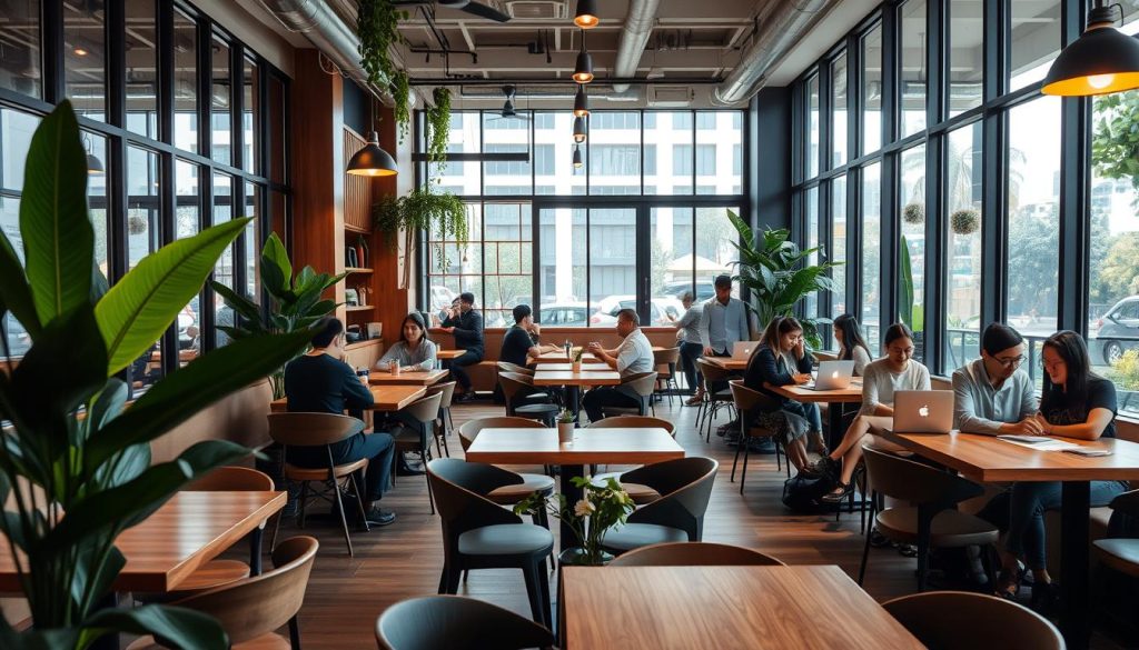 A modern coffee shop in Jakarta with young professionals working and socializing, ideal for meeting younger women
