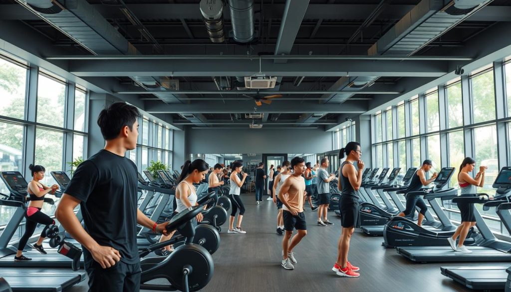 A modern fitness center in Jakarta with people exercising, a natural setting for meeting younger women